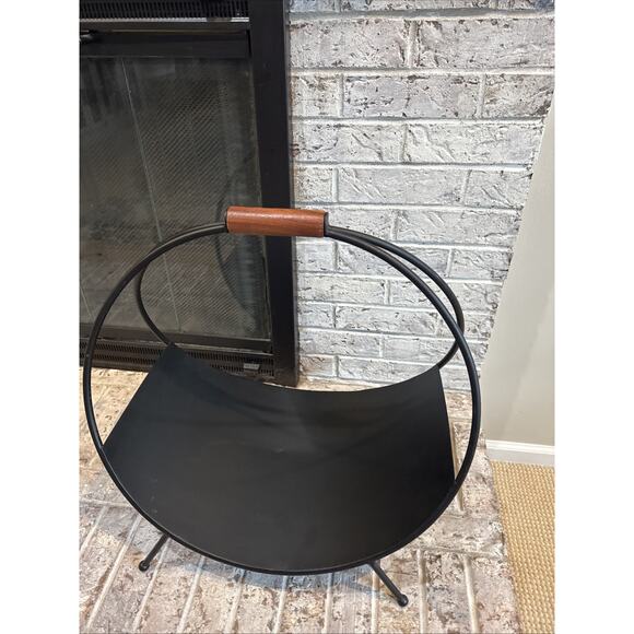 Mid-Century Modern Black Metal Hoop Firewood Rack w/ Wooden Handle – 21” Tall - Picture 3 of 8